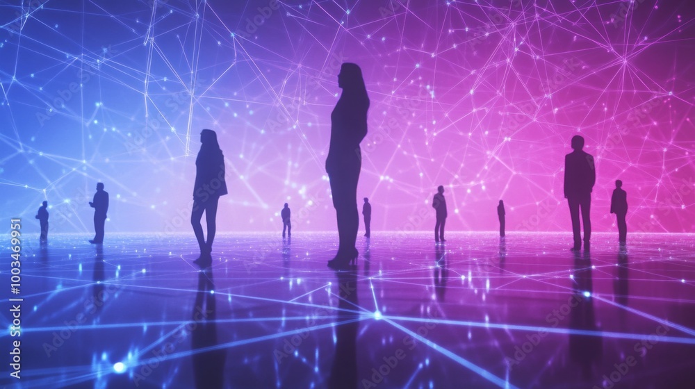 Poster Silhouetted figures stand in a vibrant, interconnected digital space, illuminated by blue and pink hues, symbolizing networking and technology.