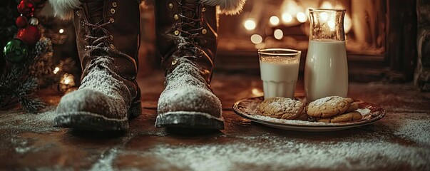 Cozy winter evening scene with boots, milk, and cookies by the fireplace, perfect for holiday cheer and festive warmth.