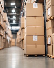 Stacked cardboard boxes in a warehouse aisle, organized for easy access.