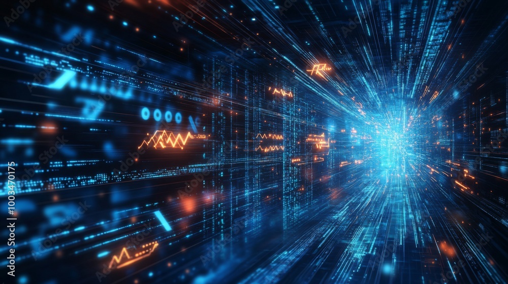 Poster a vibrant, digital scene depicting streams of data flowing towards a luminous center, symbolizing te