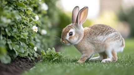 Cute rabbit exploring green grass and flowers on a sunny day.
