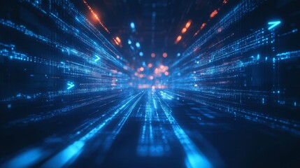 Fototapeta premium A futuristic digital landscape of glowing lines and data streams in blue and orange, representing technology and innovation.