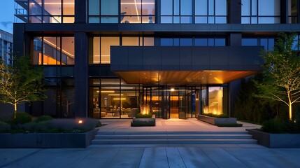 A modern apartment building with a sleek exterior, large windows, and a well-lit entrance.
