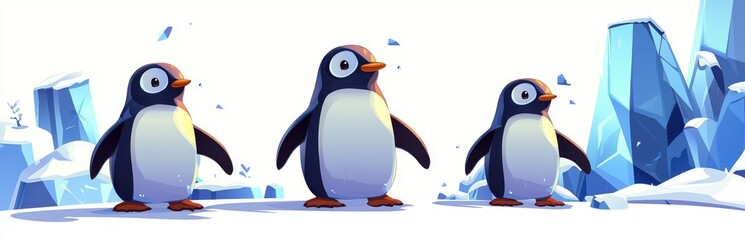 Obraz premium Three Penguins Standing on Snowy Ground Near Ice Formations