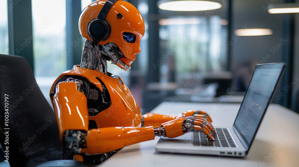 Poster orange robot working at desk using laptop computer wearing headphones