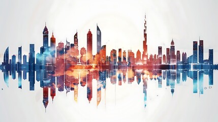 Silhouette of Dubai's skyline with its iconic skyscrapers, reflected in a calm body of water. The reflection creates a sense of depth and symmetry, highlighting the city's modern architecture.