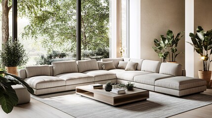 Fototapeta premium Modern living room with a large sectional sofa, coffee table, and plants.