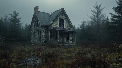 Abandoned House in a Foggy Forest