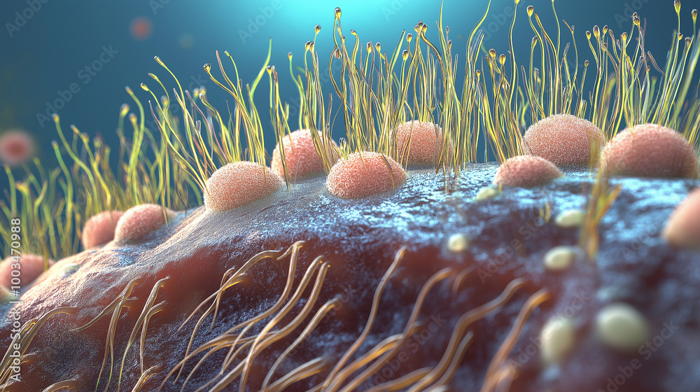 Poster microscopic view of cells mutating and growing tentacles in the body