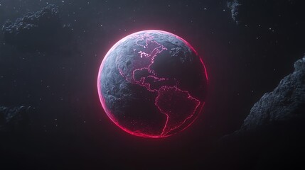 Fototapeta premium Earth with glowing red outline, dark background