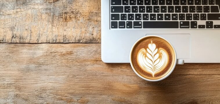 Coffee cup with latte art beside a laptop on a wooden table.