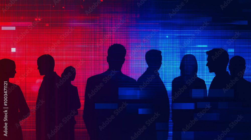 Poster Group of business people standing looking at digital code data network background