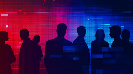 Group of business people standing looking at digital code data network background