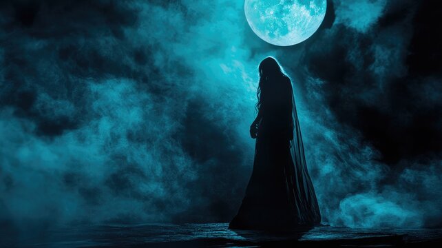 Woman under full moon, shrouded in misty fog, dark ambiance
