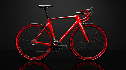 Red racing bicycle standing on black background with reflection