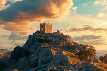Obraz premium Majestic Ruins on Rocky Hill at Sunset