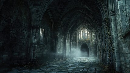 Obraz premium A misty stone corridor leading to a dark doorway in an ancient cathedral.