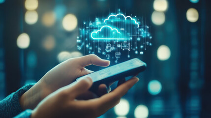 Hand Holding Futuristic Cellphone Technology with Glowing Lights and Controls - Generative AI