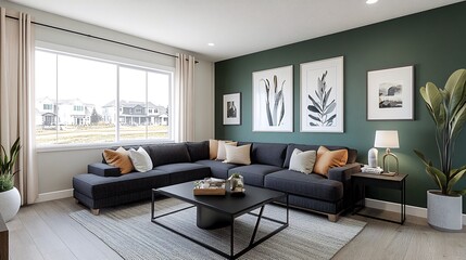 Fototapeta premium Modern living room with sectional sofa, coffee table, and green wall.