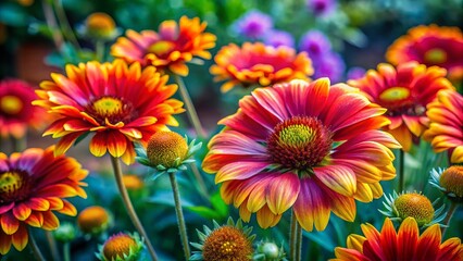 Fototapeta premium Lively Margareta blooms in a garden backdrop, highlighting nature's splendor with their vivid hues and delicate petals,
