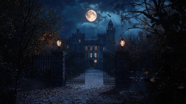 A Mystical Castle Gate Under a Full Moon