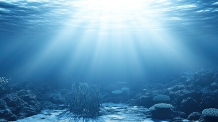 Fototapeta premium A mystical underwater view of sea foam swirling over coral, evoking a haunting, dreamlike sensation in the calm ocean depths.