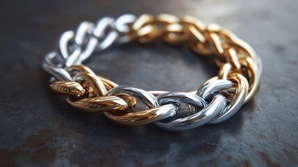 Obraz premium A pair of intertwined silver and gold chains resting elegantly on a sleek surface, symbolizing luxury and wealth.