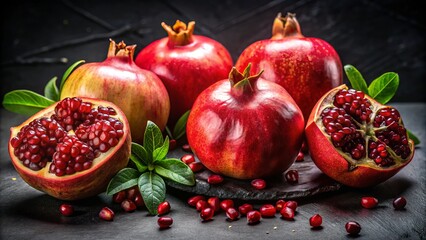 Lush pomegranates sliced open reveal glistening seeds, their vibrant colors popping against a rich, dark backdrop,