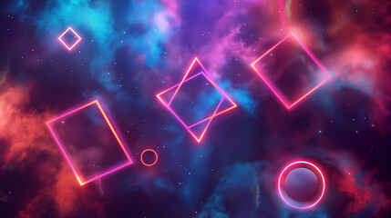 Abstract background, bold neon geometric shapes floating in a dark galaxy-inspired space. business background wallpaper 