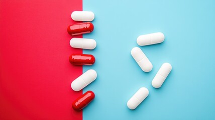 Red and white capsules on split red blue background