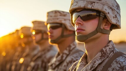Soldiers in camouflage uniforms wearing sunglasses and helmets stand line at sunset