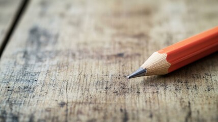 Close-up of orange pencil placed on wooden surface