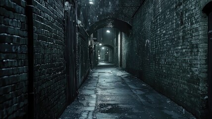 A Dark and Narrow Brick Alleyway at Night