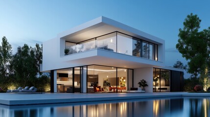 Fototapeta premium Modern Minimalist House with Pool at Dusk