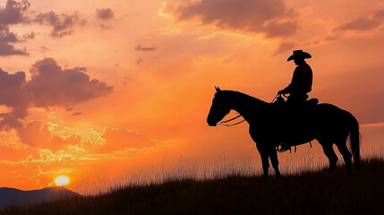 Fototapeta premium A lone ranger cowboy sits on his horse against a sunrise sunset