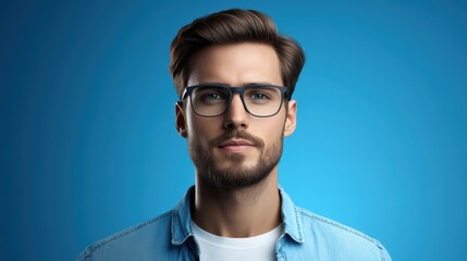 Obraz premium Young Man with Glasses on Blue Background
