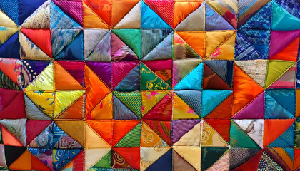 Bright multicolored quilt pattern, featuring various fabric textures and abstract patchwork designs, with vivid colors arranged in a harmonious yet chaotic visual display.