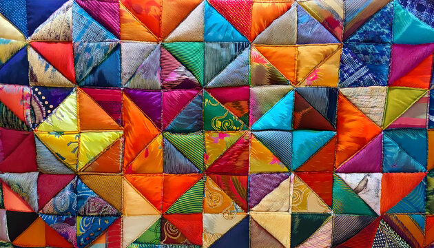 Bright multicolored quilt pattern, featuring various fabric textures and abstract patchwork designs, with vivid colors arranged in a harmonious yet chaotic visual display.