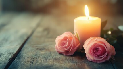 Glowing candle with pink roses on wooden surface, soft light ambiance