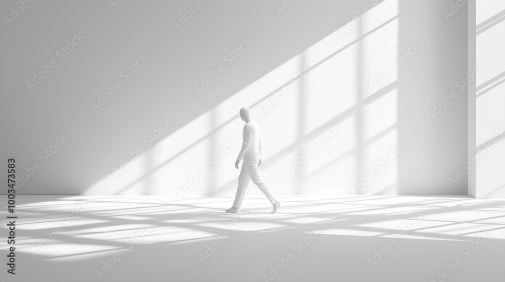 Aufkleber Man walking in empty room with sunlight from windows