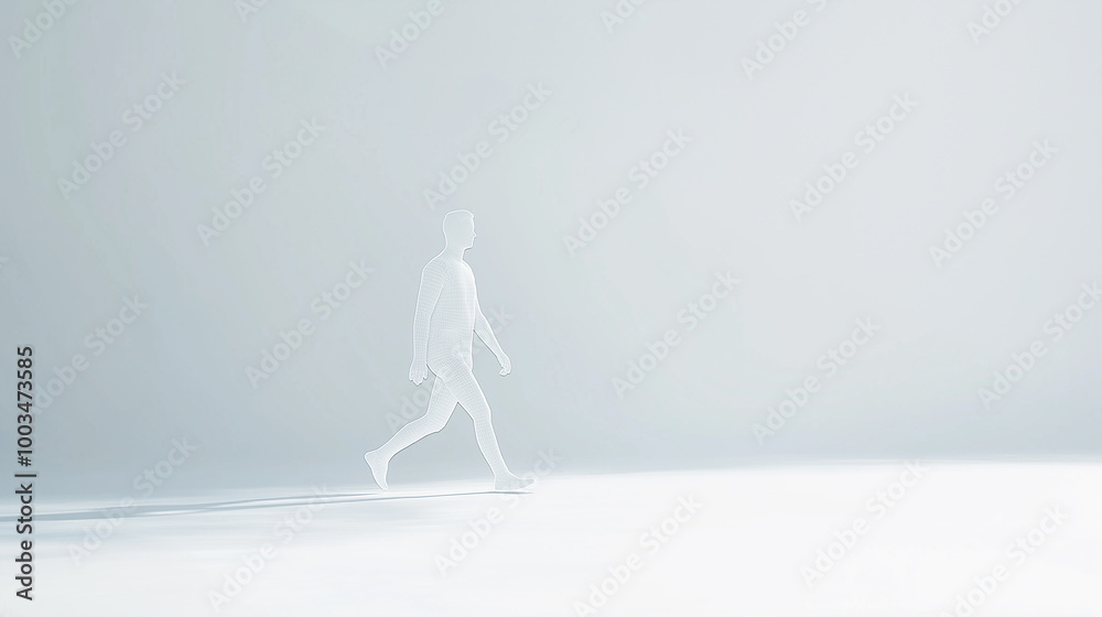 Poster transparent man walking into white open space concept