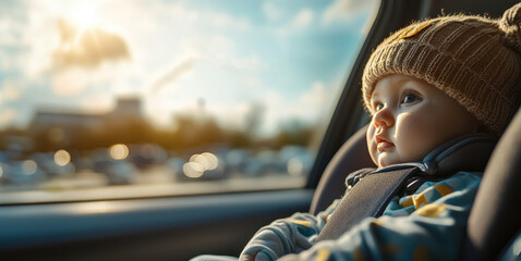 Baby in car seat looking out window.