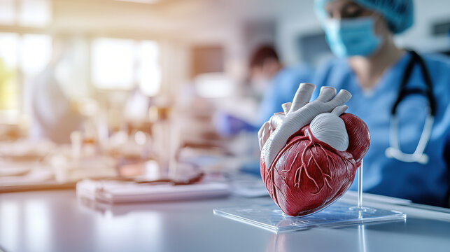 Anatomical Heart Model on Table in Medical Setting.