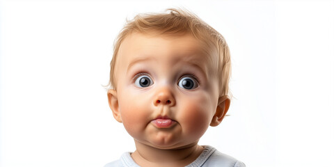 A close-up of a baby’s face with a mischievous grin, looking off to the side as if planning something funny or sneaky