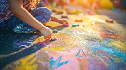 A child's hand draws on a colorful sidewalk chalk drawing. The sun shines brightly.