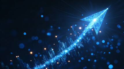 Digital paper plane flying above growing cityscape graph