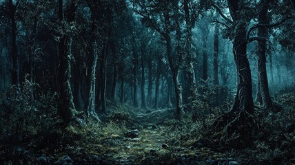 Obraz premium A Dark and Foggy Forest Path