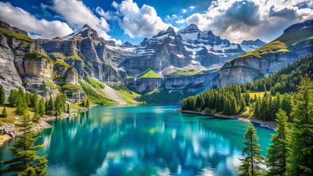 Oeschinen Lake, cradled by magnificent mountains in Kandersteg, Switzerland, highlights the country's stunning natural