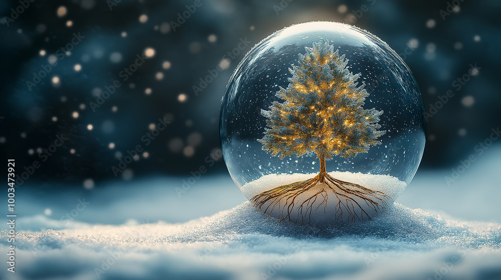 Poster glowing christmas tree standing inside a snow globe during a snowfall