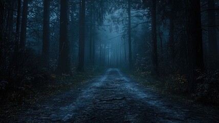 Fototapeta premium A Dark and Foggy Path Through a Dense Forest at Night